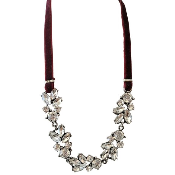 Silver Tone Clear Rhinestone Collar, Red Velvet Cord Statement Necklace 60" Long - Picture 3 of 8